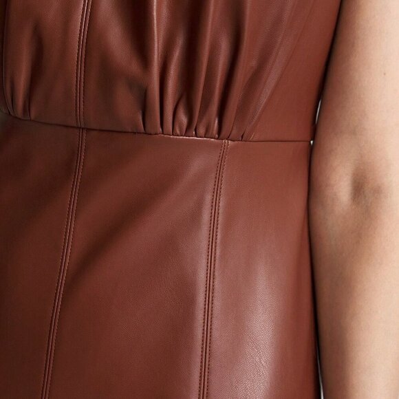 Brown Elegant Women's Round Neck Sleeveless Wide Shoulder PU Dress - Picture 9 of 9